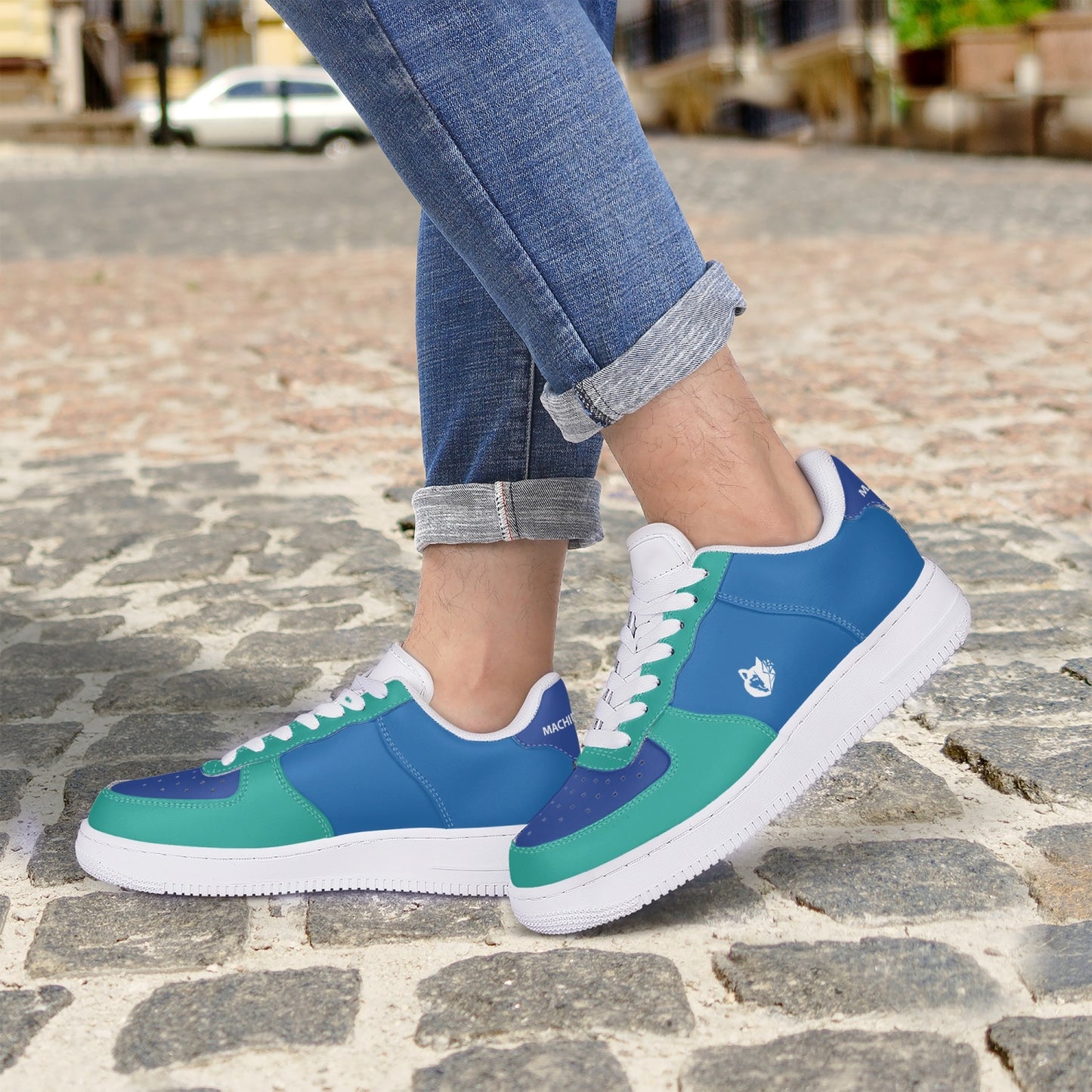 MACHINEDOG.COM COIN LOW-TOP LEATHER SNEAKERS - BLUE/SKIFF GREEN