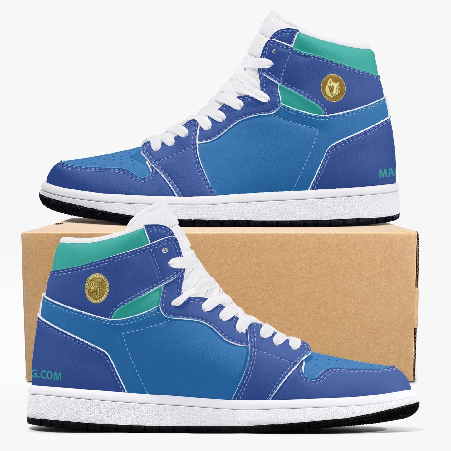 MACHINEDOG.COM COIN HIGH-TOP LEATHER SNEAKERS - Blue/Skiff Green