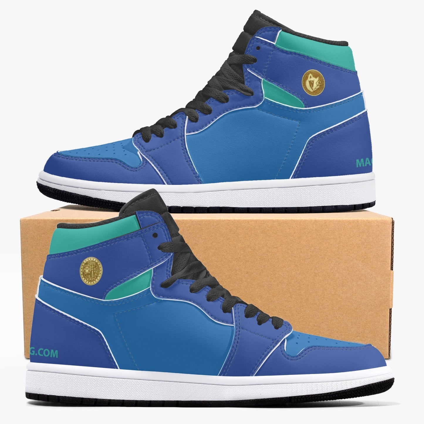 MACHINEDOG.COM COIN HIGH-TOP LEATHER SNEAKERS - Blue/Skiff Green